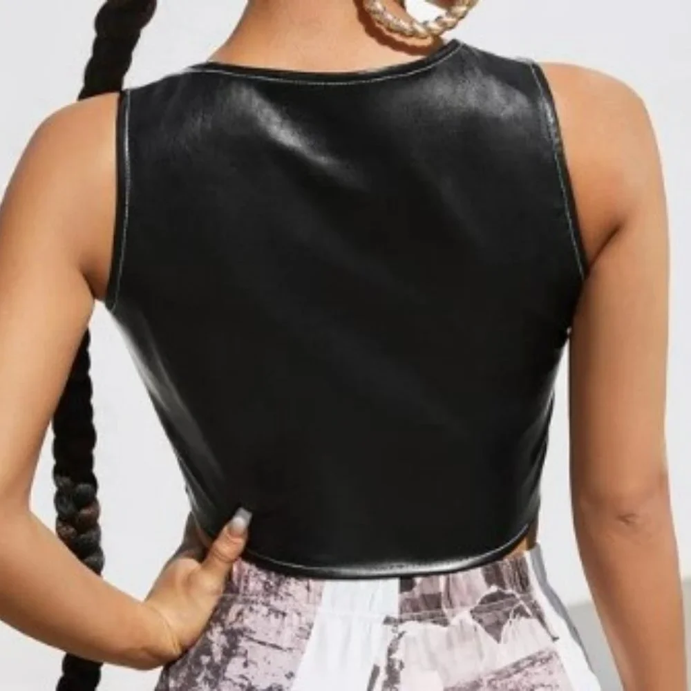 𝅺black Vegan Leather Cropped Tank Corset Lace Up Top Overstitching - Picture 2 of 6